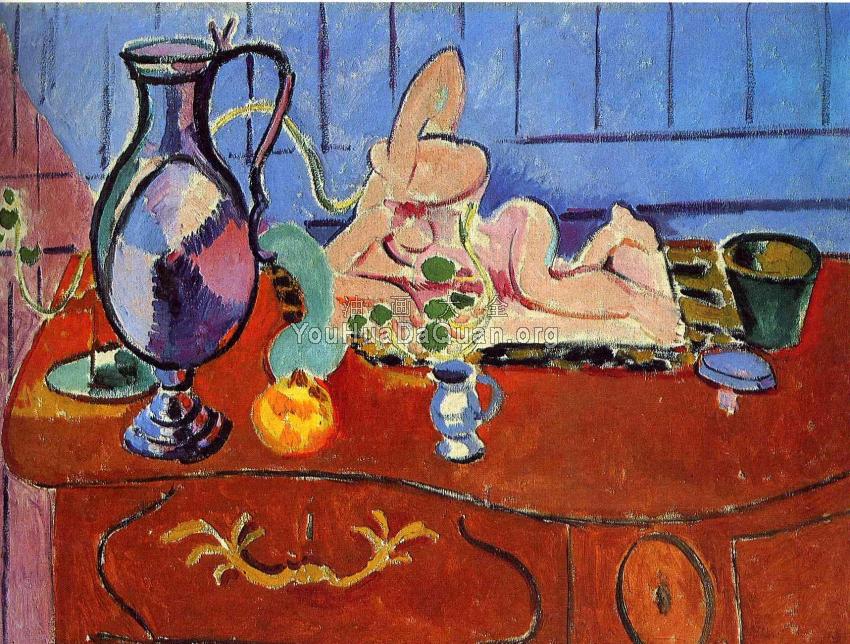 有白蜡壶与粉红色小雕像的静物 - 亨利·马蒂斯